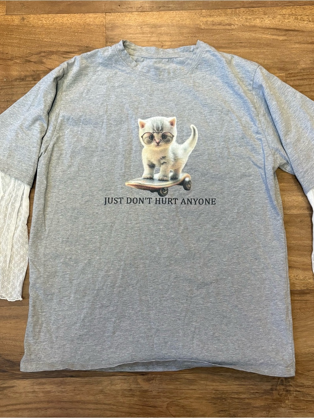 Cat Layered Skateboard Graphic Tee - Gray -